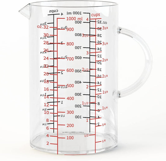 77L Glass Measuring Cup, [Double-Sided Measuring Scale, Insulated handle, V-Shaped Spout], High Borosilicate Glass Measuring Cup for Kitchen or Restaurant, Easy To Read, 1000 ML (1 Liter, 4 Cup)