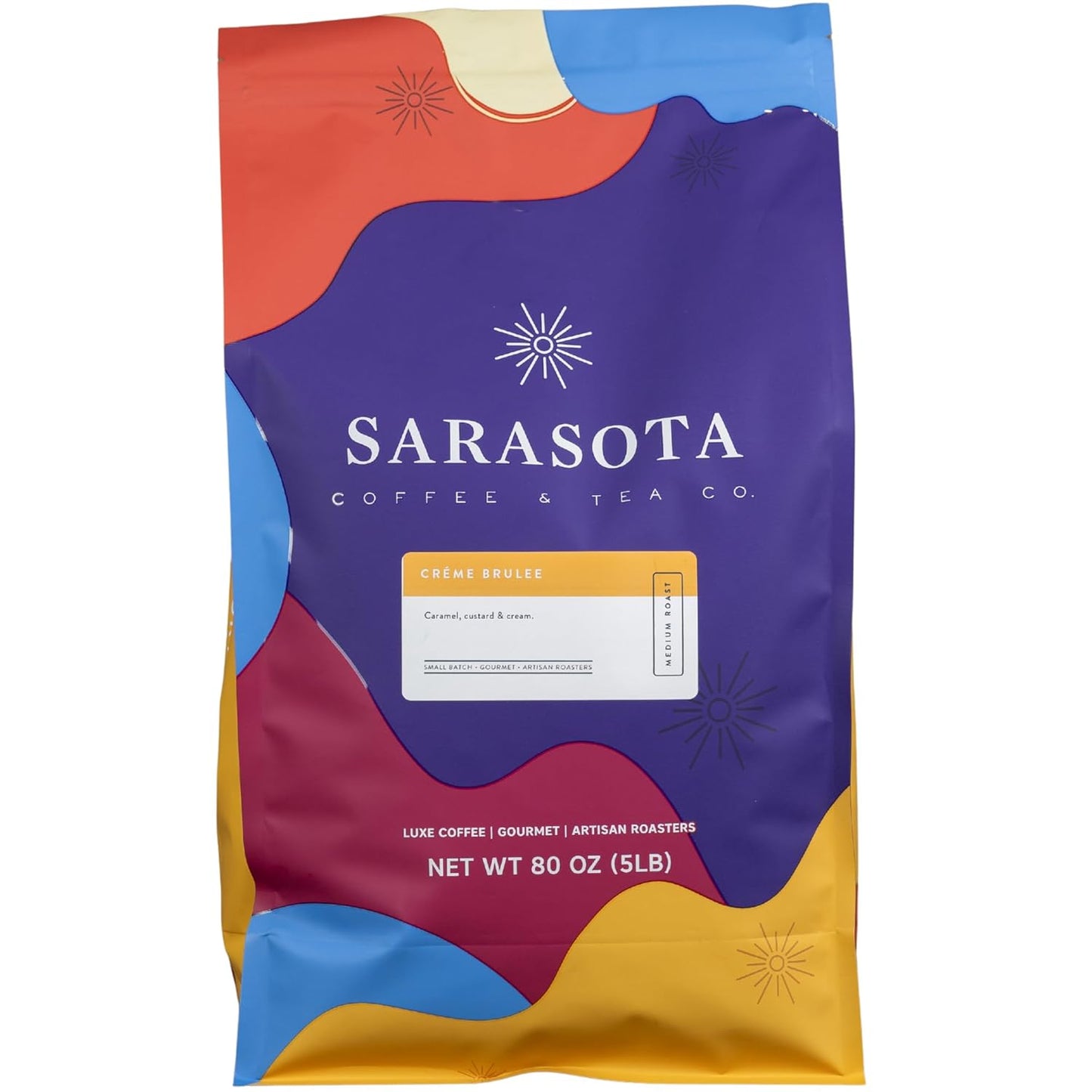 Sarasota Coffee Whole Bean Creme Brulee | Medium Roast Gourmet Flavored Coffee Beans | Low Acid, Mold Free, Specialty Grade Bulk Beans | 5lb (80 oz)