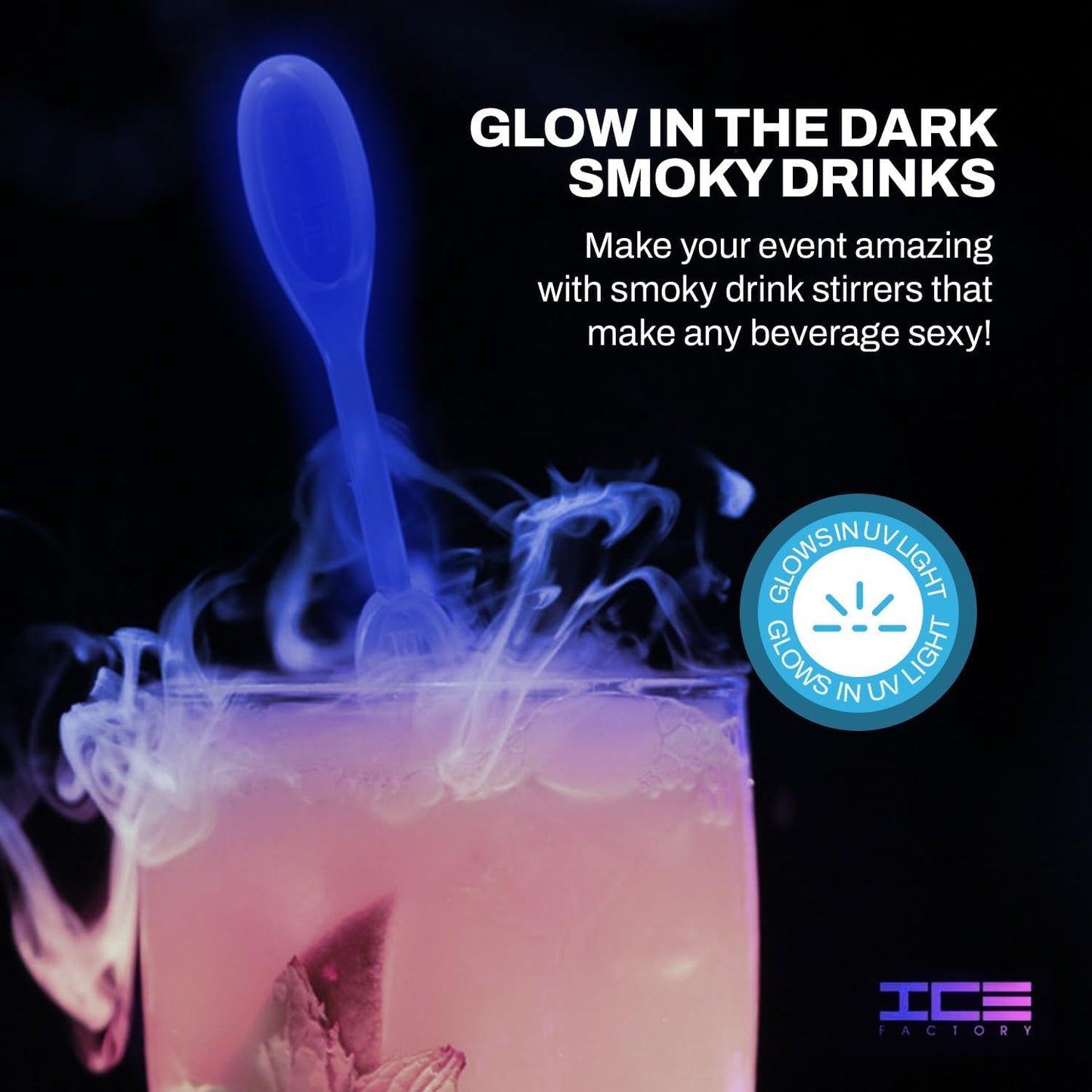 Icicle Cocktail Stirrer, Dry Ice Swizzle Sticks for Smokey Cocktails, Drinks, and Coffee, Glows In The Dark, (Use with Dry Ice), 50 Pack