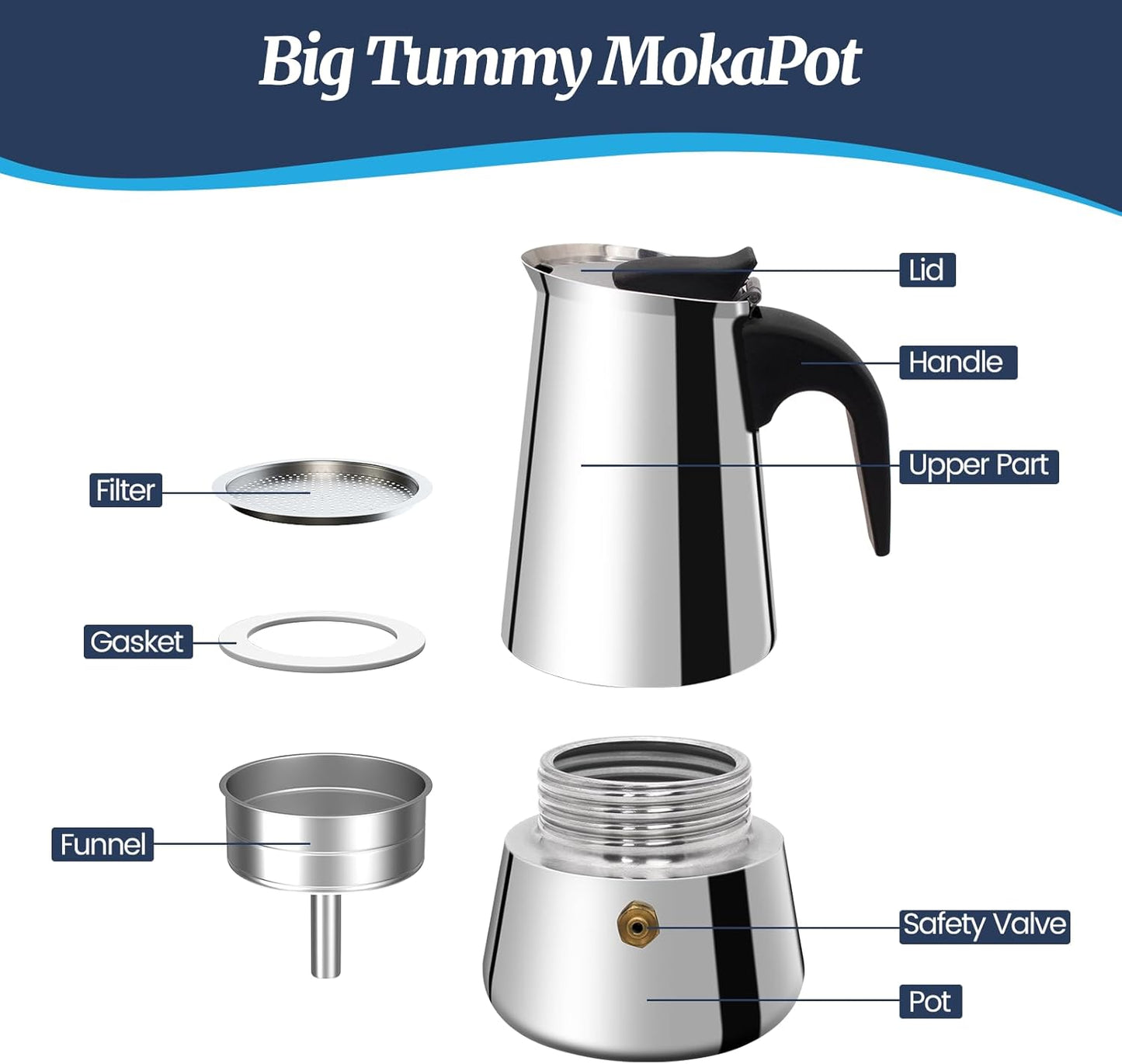 4 Cup Moka Pot Stainless Steel 200ml Italian Espresso Coffee Maker Stovetop CoffeeMakers Mocha Pot Percolator for Induction Stove Classic Cafe Makers Portable for Easy Brewing Tummy