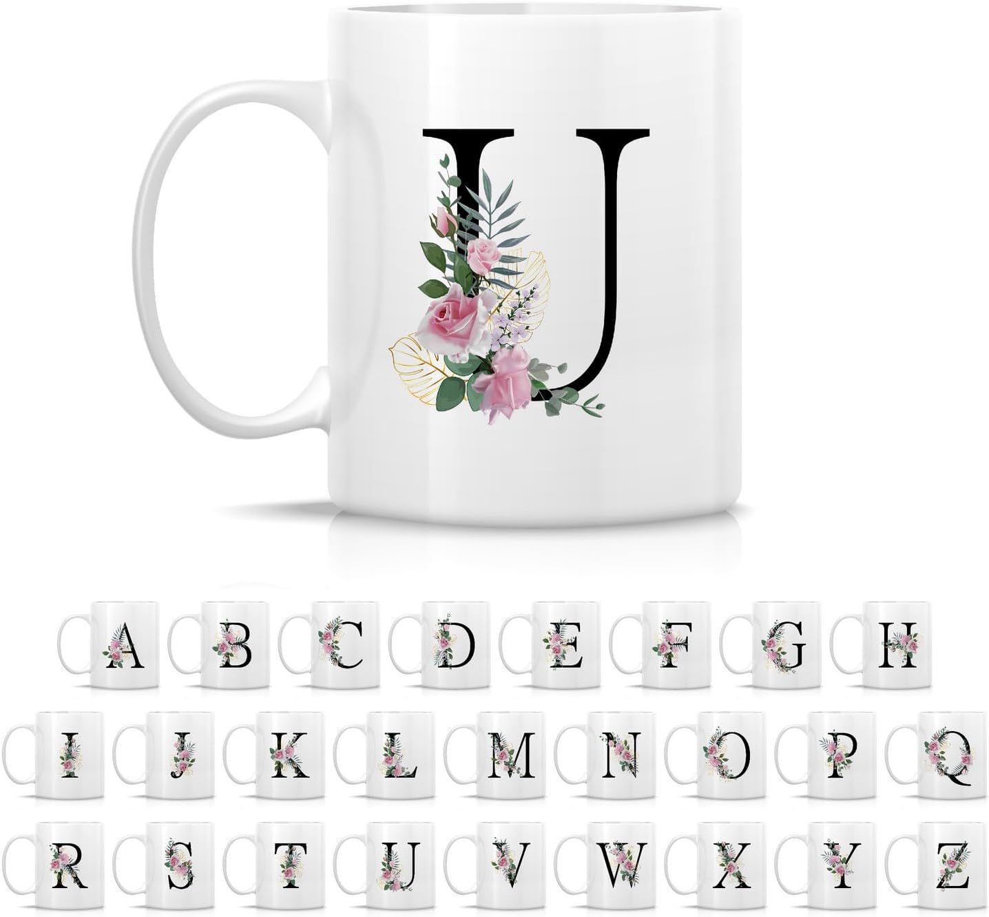 Retreez Initial A-Z Floral Botanical Bouquet Alphabet Monogrammed Monogram Mug 11 Oz Ceramic Tea Coffee Mugs - Appreciation Thank You Wedding Birthday Gifts for her friend coworker sister - U Initial
