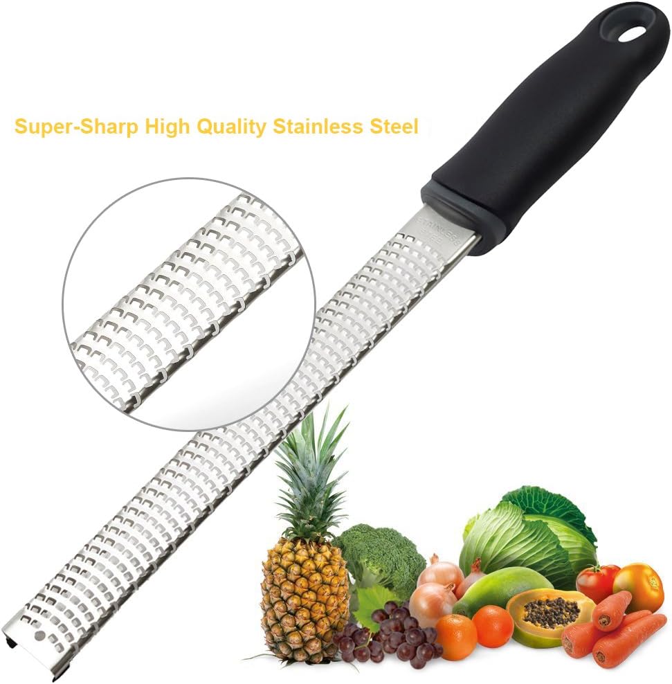Lemon Zester, Stainless Steel Kitchen Cheese Grater, Plastic Cover Ergonomic Soft Black Handle