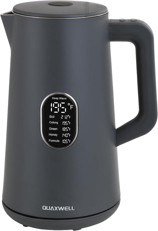 1.5L Electric Kettle Stainless Steel, Double Wall Cool Touch Teapot, Fast Boil,5 Temperature Control, LED Display, Auto Shut-Off, BPA-Free,Keep Warm Function, Ideal for Tea & Coffee,Gray