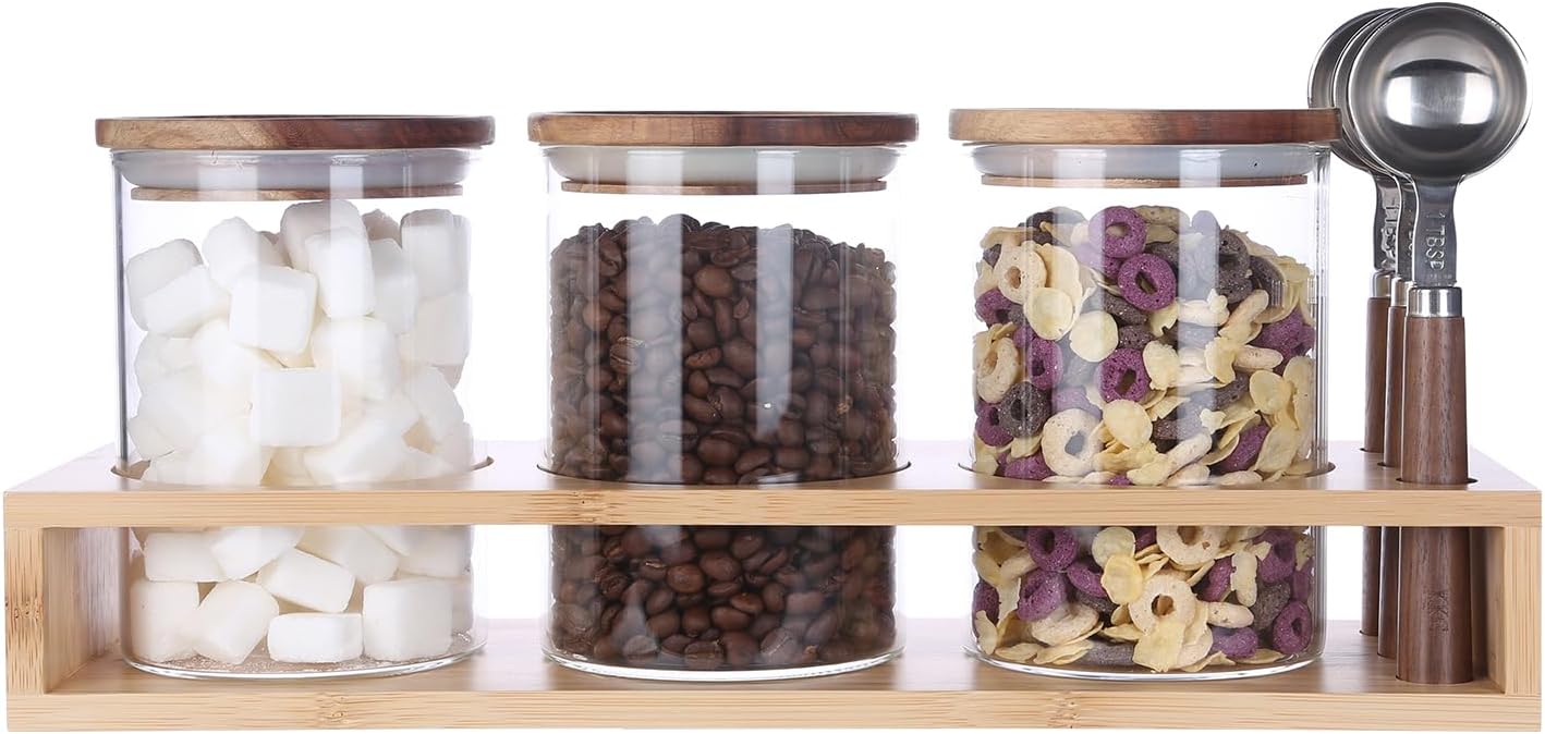 KKC HOME ACCENTS Sealed Glass Food Storage Jars with Scoop for Kitchen Counter,Glass Tea Canisters for Loose Tea,Ground Coffee,Bean,Sugar,Nut,Wooden Top Glass Containers with Spoons,25 Fluid-oz