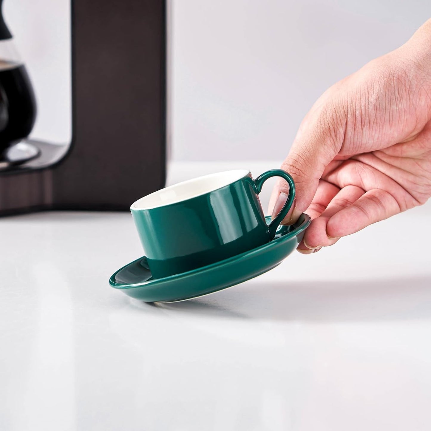 2.5oz Porcelain Stackable Espresso Cups with Saucers and Metal Stand Set of 4, Stackable Cappuccino Cups, Green Expresso Shots Cup Set for Coffee Drinks, Latte, Tea