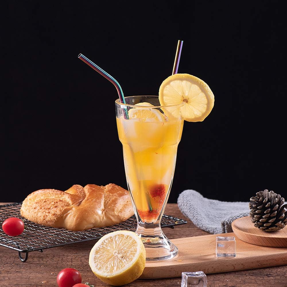 VEHHE Reusable Straws 8 Set Multi Color Stainless Steel Straws - Cleaning Brush for 20 Oz (Rainbow 8.5 inch + 10.5 inch)