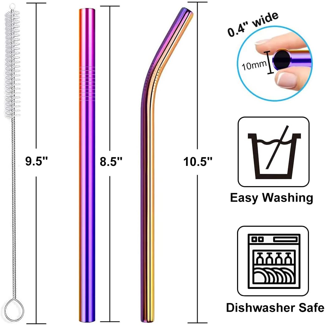 Vinaco Reusable Smoothie Straw, 0.4'' Extra Wide Stainless Steel Straw 10.5'' & 8.5'' Long colorful Straws, 6 Pack Metal Straw with 1 Reusable Straw Brush Cleaner for Milkshake, Smoothie, Bubble tea