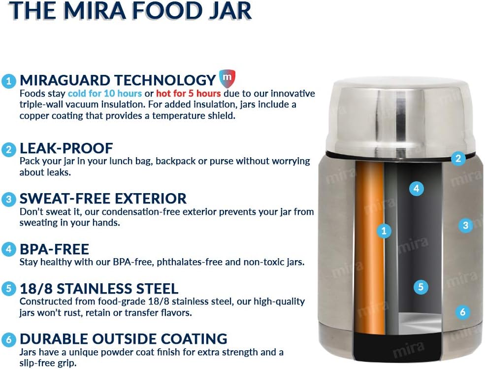 MIRA 15 oz Insulated Food Thermos for hot and cold foods - Leak-Proof Stainless Steel Container with Spoon - Black