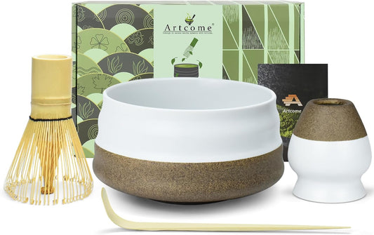 Artcome Premium Matcha Tea Set - 19.6oz Ceramic Bowl, Bamboo Whisk, Scoop, Whisk Holder & Brewing Guide - Authentic Japanese Tea Ceremony Tools for Matcha Preparation