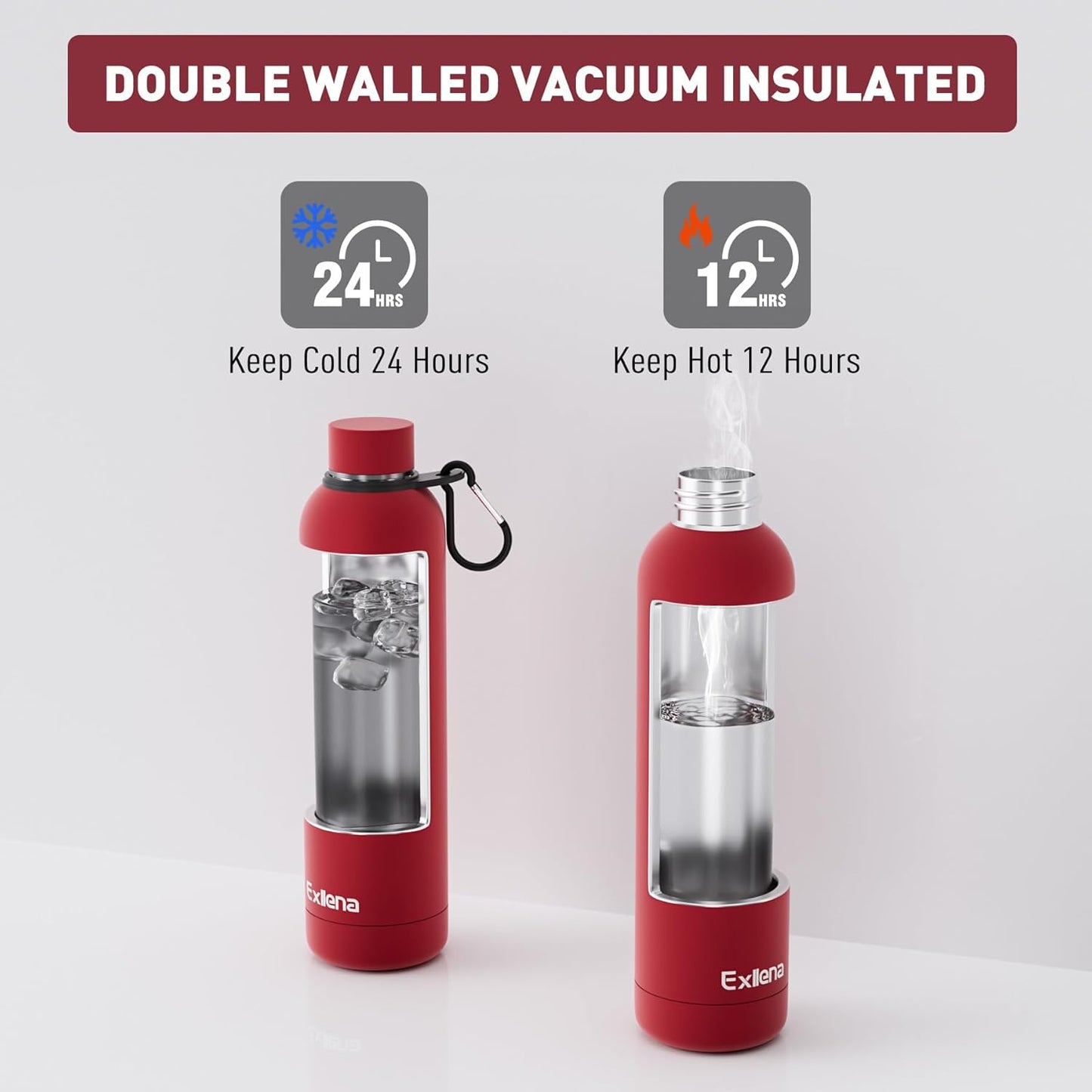 Slim Insulated Water Bottles for Travel 32oz with Clip, Double Wall Vacuum Stainless Steel Water Bottle Keeps Drinks Cold 24 Hrs/Hot 12 Hrs, 100% Leakproof, BPA Free（Red）