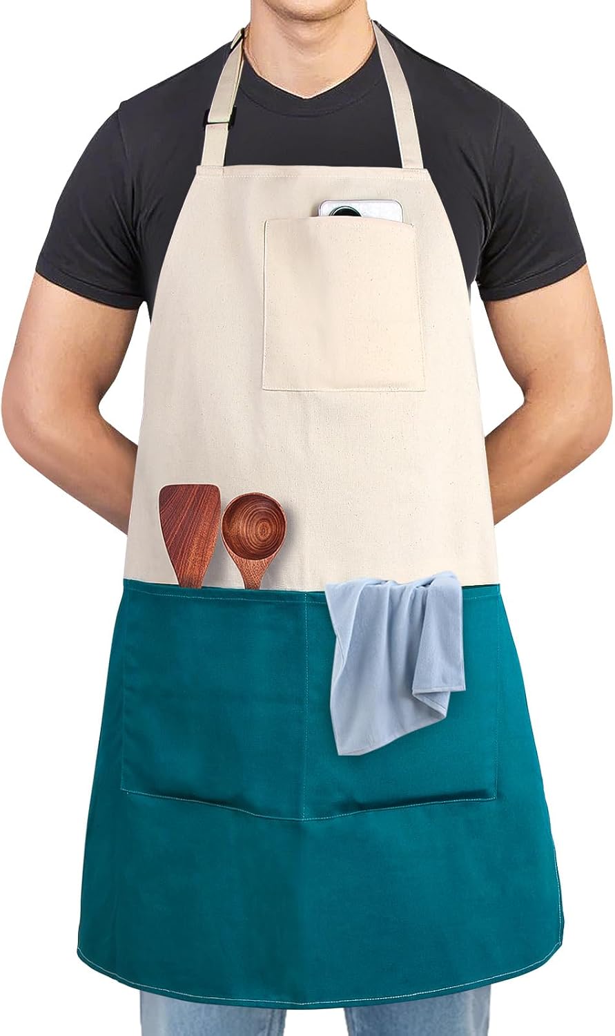 Chef Apron Unisex Two-Tone Professional Kitchen Bib Apron with 2 Pockets Cooking, Grilling, and Baking Gift