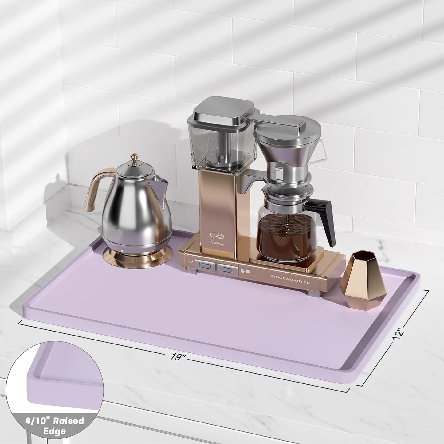 Rnivvi Silicone Coffee Mat, 12" x 19" Waterproof Raised Edge Coffee Bar Mats for Espresso Machine Station Accessories, Heat Resistant Dish Drying Pad for Kitchen Counter, Rubber Bar Decor Pad, Purple