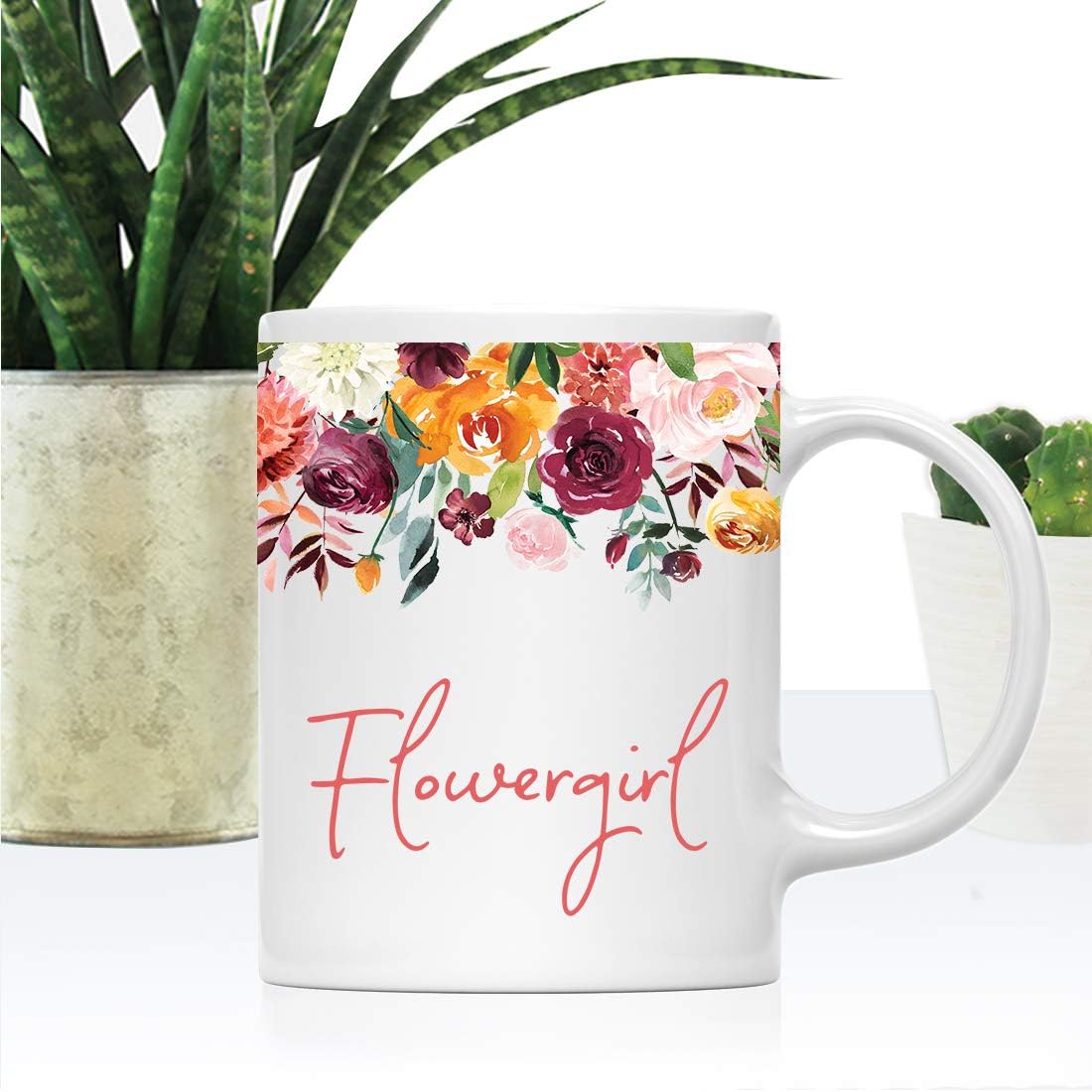 Andaz Press 11oz. Wedding Ceramic Coffee Tea Mug Gift, Fall Autumn Burgundy Orange Peach Flowers Roses Florals, Flowergirl, 1-Pack, Includes Gift Box