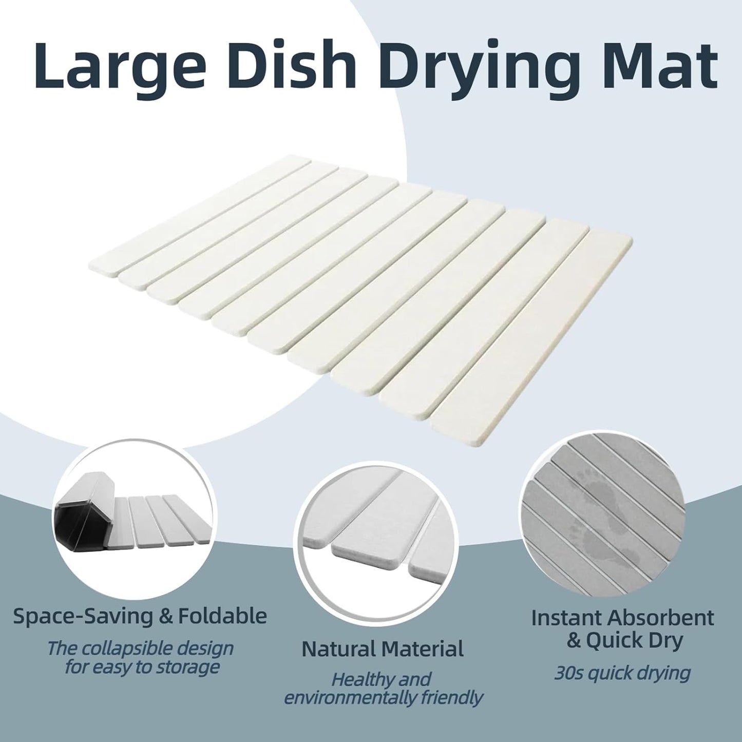 Stone Drying Mat for Kitchen Counter, 23.6" x 15.3" Foldable Diatomaceous Earth Dish Drying Mat - Large Stone Dish Drying Mat for Dishes Cups Bottles Drying, Match Any Countertop (White, Large)