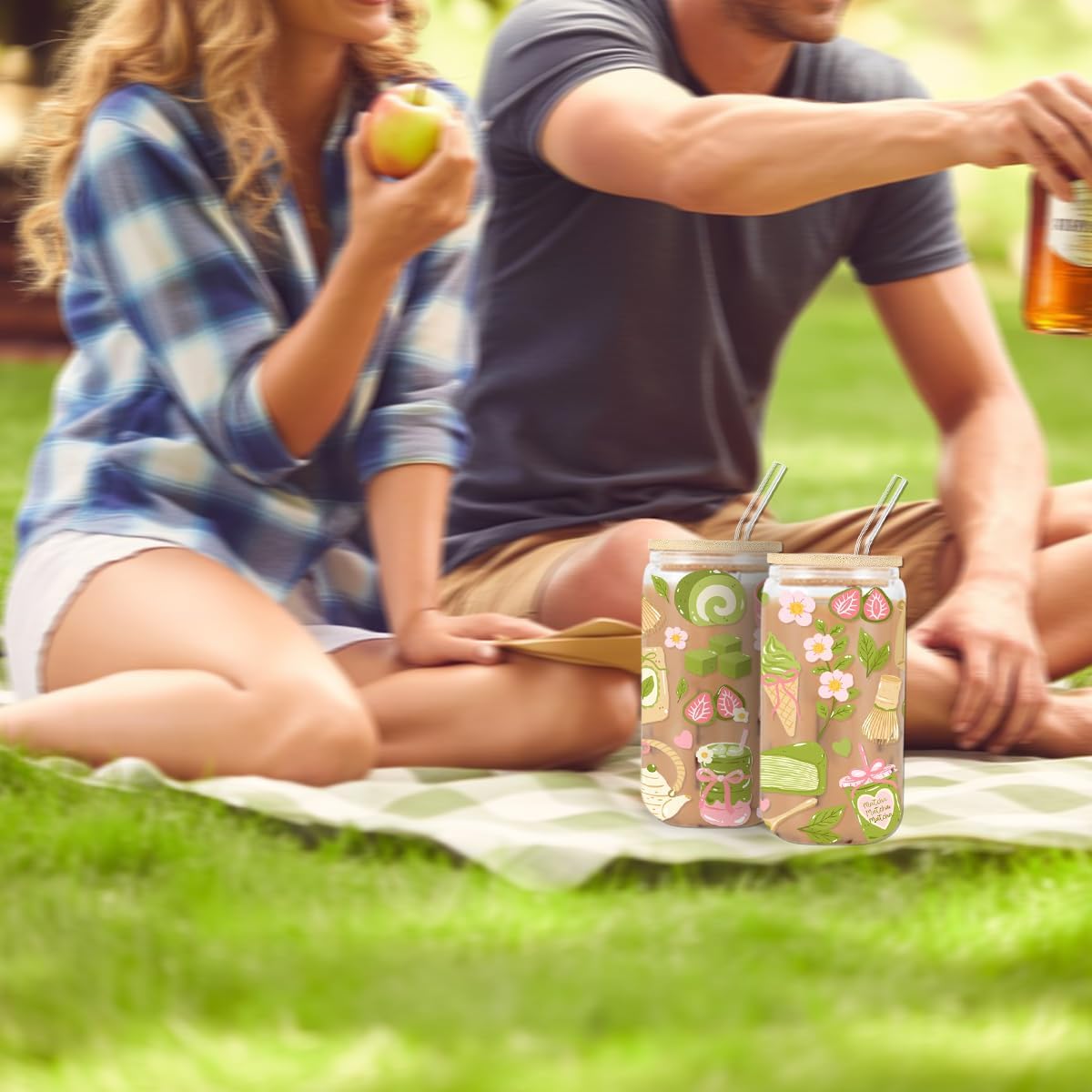 Matcha Girly Glass Cup, Matcha Lovers Gift, Kawaii Latte Girly Glass Tumbler, 16 oz Cafe Aesthetic Iced Coffee Cup with Lid Straw