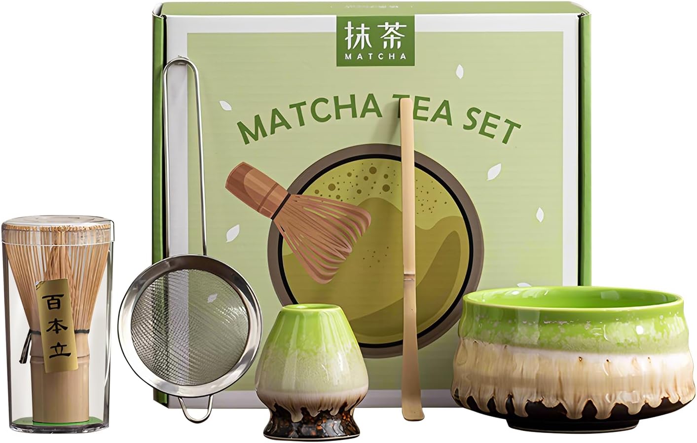 Matcha Whisk Set Ceramic Matcha Set Includes Matcha Bowl Matcha Whisk and Holder, Bamboo Scoop, Sifter, 5 Pcs Matcha Kit for Matcha Lovers
