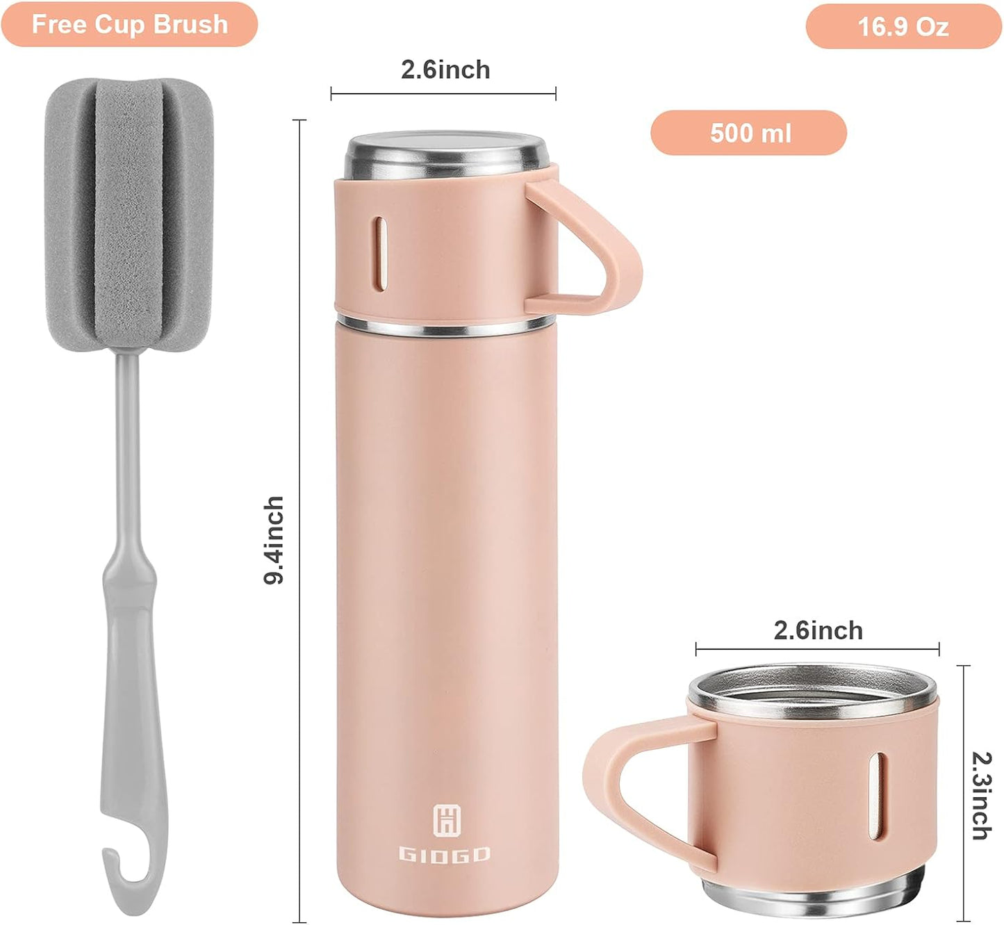 Stainless Steel Thermo 500ml/16.9oz Vacuum Insulated Bottle with Cup for Coffee Hot drink and Cold drink water flask.(Pink,Set)