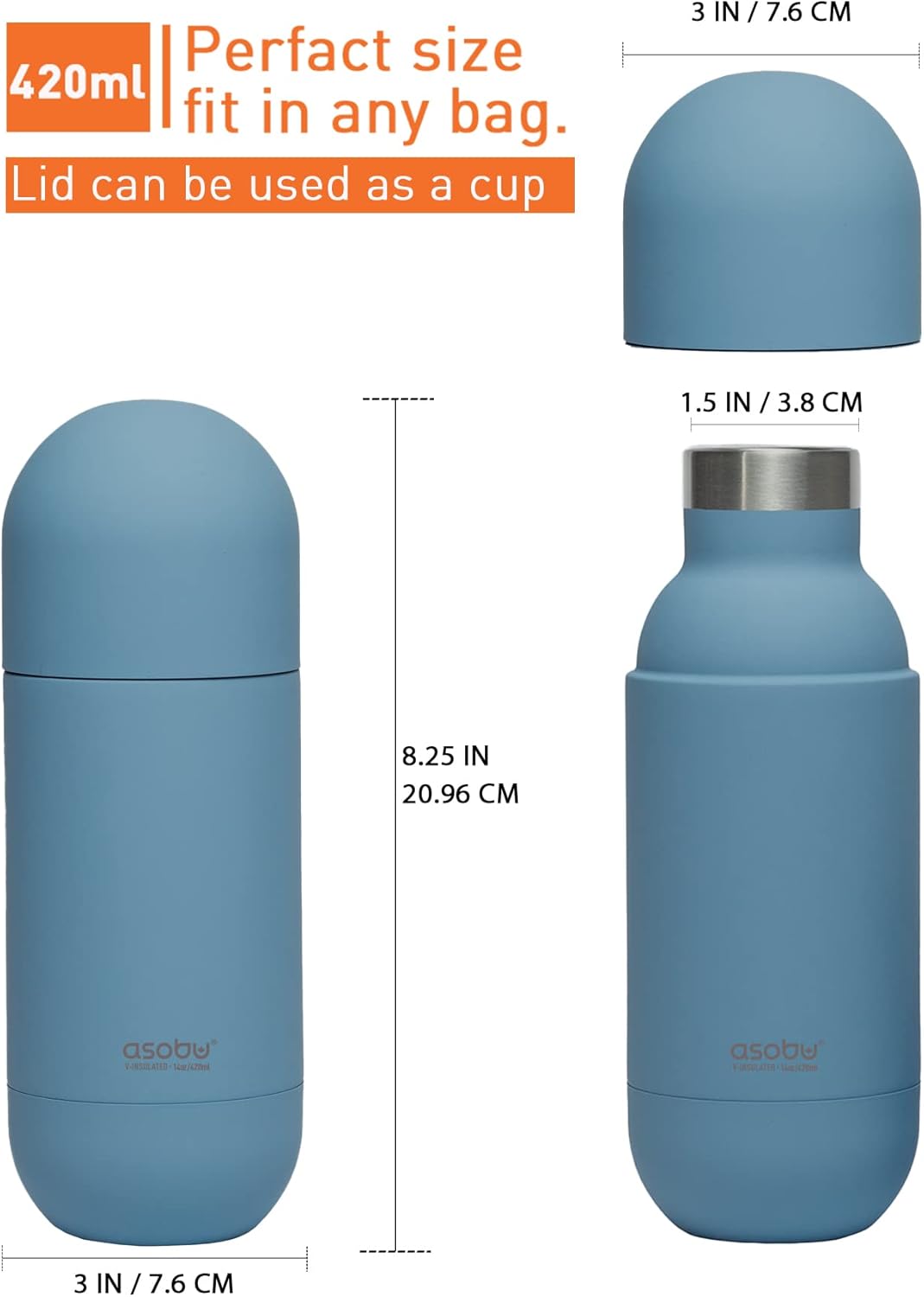 asobu Orb Stainless Steel Double Wall Insulated Travel Water Bottle – Lid Doubles as a Cup 14 Ounce (Blue)…