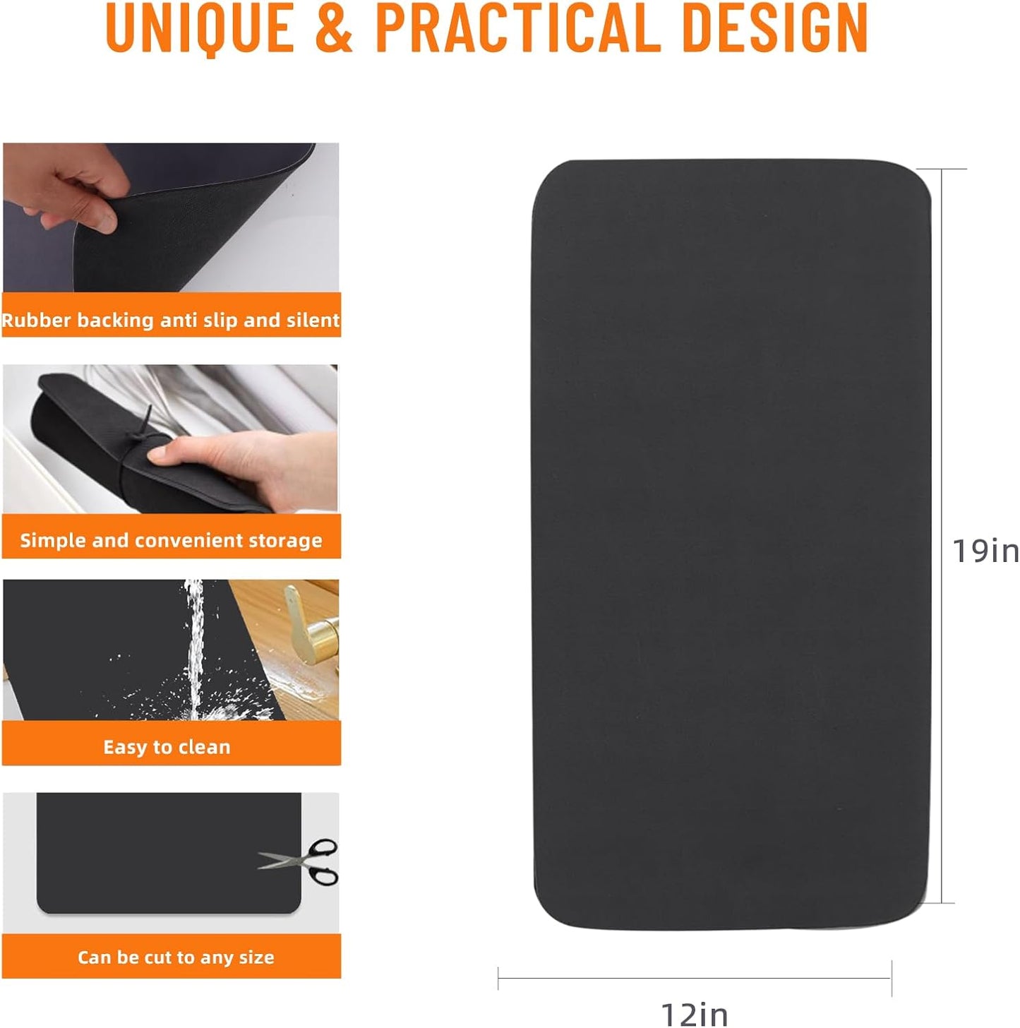 Coffee Bar Mat for Countertop: Super Absorbent, Non-Slip Insulated Cuttable Mat, Washable - 12"x19" Small, Dark Grey