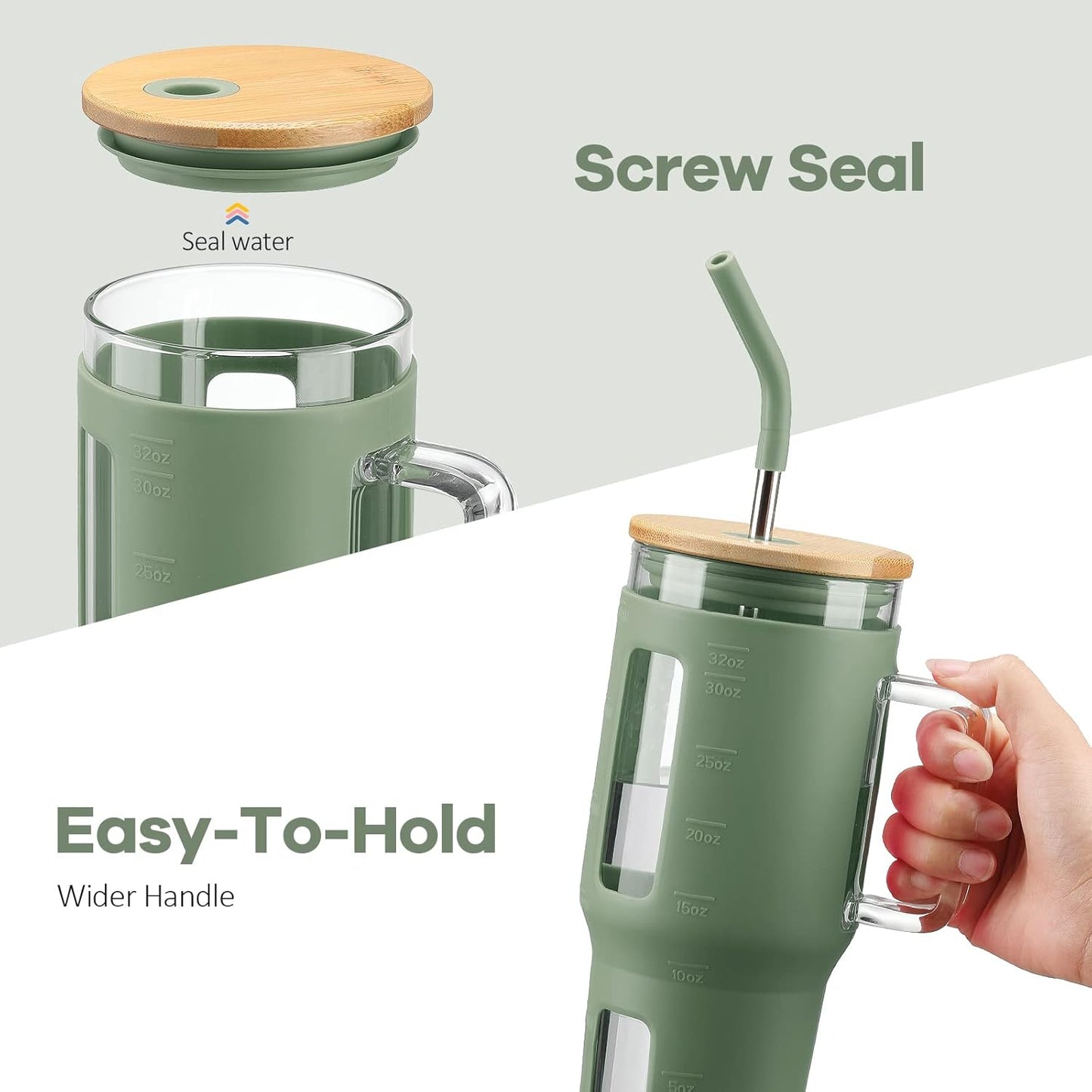 Kodrine Glass Tumbler with Straw and Lid-32oz Glass Tumbler with Handle and Bamboo Lid, Iced Coffee Cup For Smoothie, Water Cups with Time Marker Fits in Cup Holder, Olive