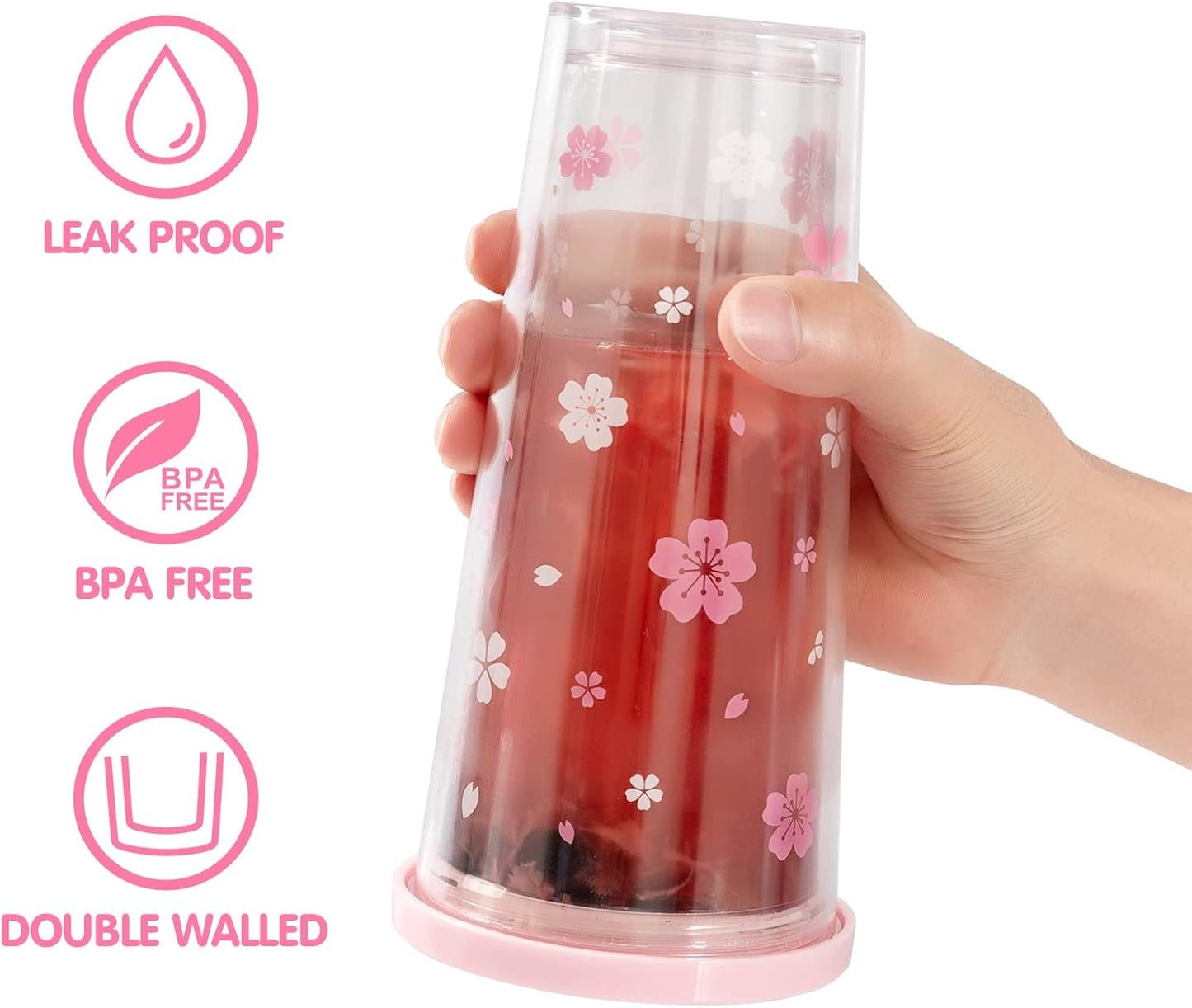 Reusable Plastic Boba Cup With Lids And Straws, 24Oz/700ml Smoothie Cups, Iced Coffee Cup, Leakproof Kawaii Cup, Boba Tumbler With Boba Reusable Straw,Double Wall Clear Bubble Tea Cup