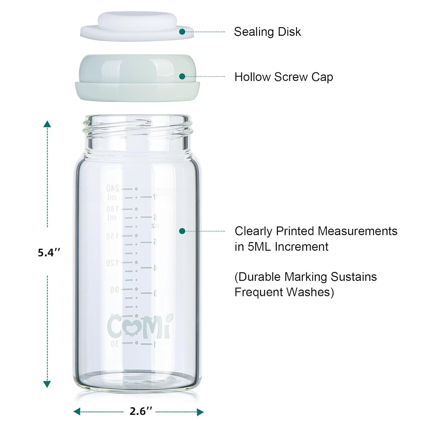 COMI Wide Neck Glass Breastmilk Collection n Storage Bottle, 6 Packs, 8oz with Screw Ring Sealing Disk; Re-markable Sealing Disc. BPA Free, Fits Breast Pumps & Nipples (3 Gray Lids + 3 Pink Lids)