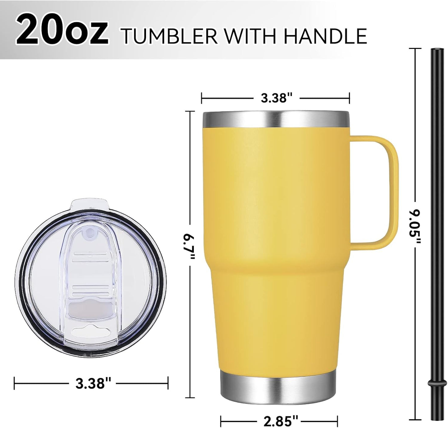 VEGOND 20 oz Tumbler with Handle Lid and Straw, Stainless Steel Insulated Travel Coffee Mug Spill Proof Double Wall Metal Tumbler Cup Keeps Drink Hot and Cold, Yellow 1 Pack