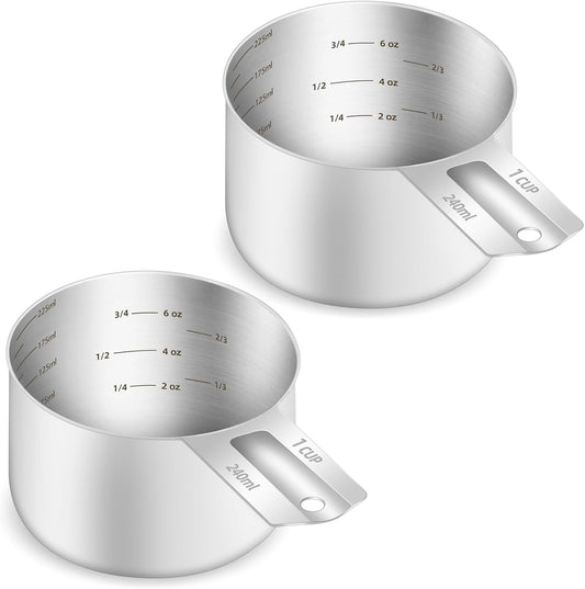 2PCS 1Cup (240ml, 8oz) Single Measuring Cup, Etched Inner Scale Stainless Steel Measure Scoop, Metric and US Measurement, Dishwasher Safe