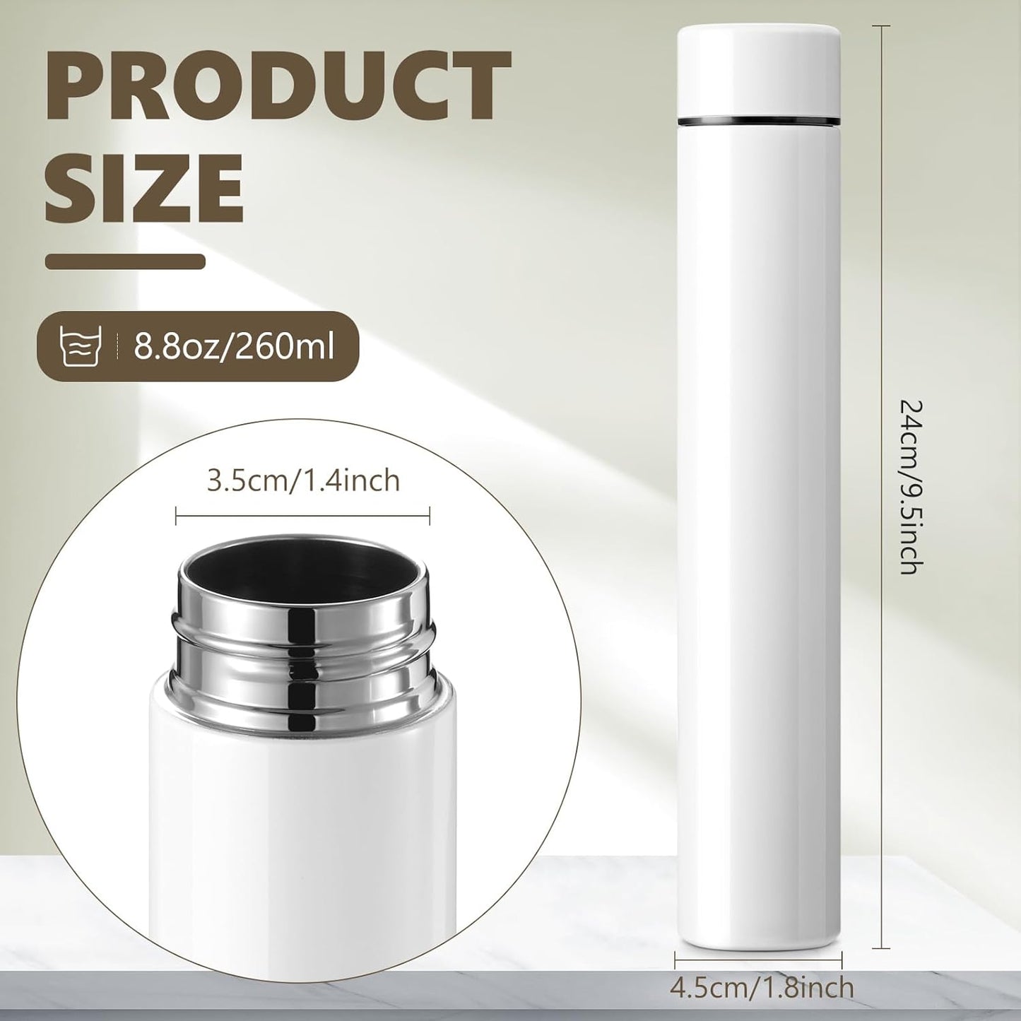 Vesici Slim Water Bottle 8.8 oz Small Stainless Steel Purse Compact Insulated Water Bottles Camping Travel Backpack Pocket Flask for Car Cold Coffee Tea(White,4 Pack)