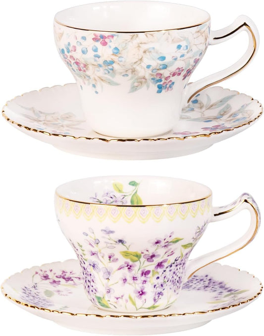 KAMMAK Tea Cups and Saucers Set of 2, Reinforced Porcelain Coffee Cups, 7.4-Ounce Stackable Espresso Mugs, Ceramic Demitasse for Coffee, Cappuccino, Latte, Americano, Tea, Lilac + Colorful