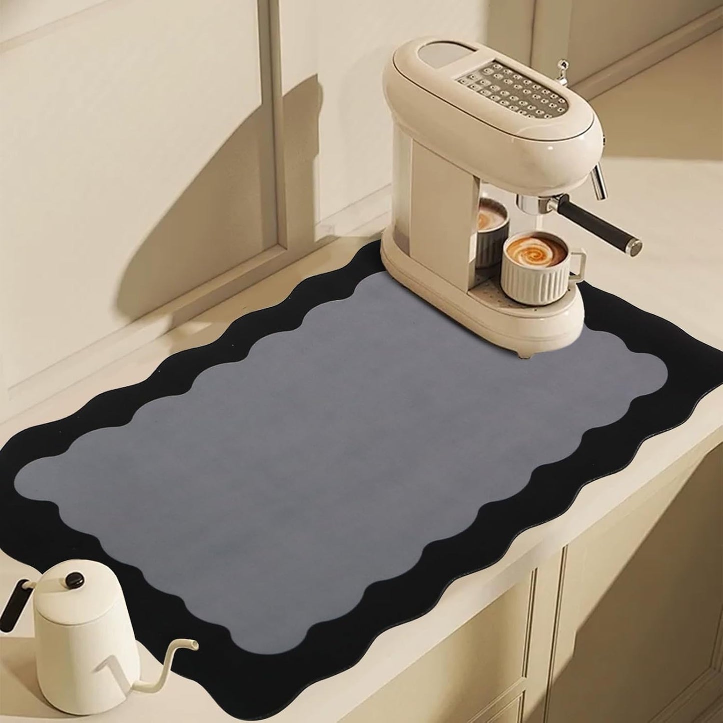 Scalloped Coffee Bar Mat for Countertop, Cute Dish Drying Mats for Kitchen Counter, Diatomite Absorbent Mat for Coffee Station, Kitchen Aesthetic Decor (16"x24", Black)