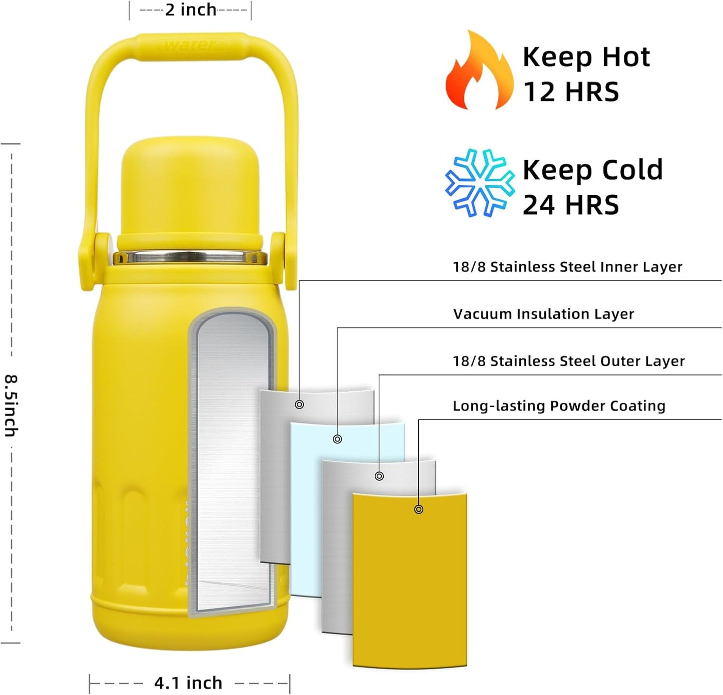 BJPKPK Insulated Thermos Water Bottle with Handle and Lid 27oz Stainless Steel Water Bottles Double Wall for Cold and Hot Beverages,Yellow