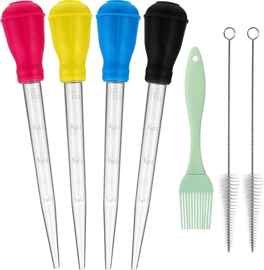 Nylon Heat-resistant Turkey Baster Cooking Set Includes Meat Baster, 1 Silicone Basting Brush and 2 Cleaning Brush for BBQ Grill Baking Kitchen Cooking (7 Pieces, Multicolor)