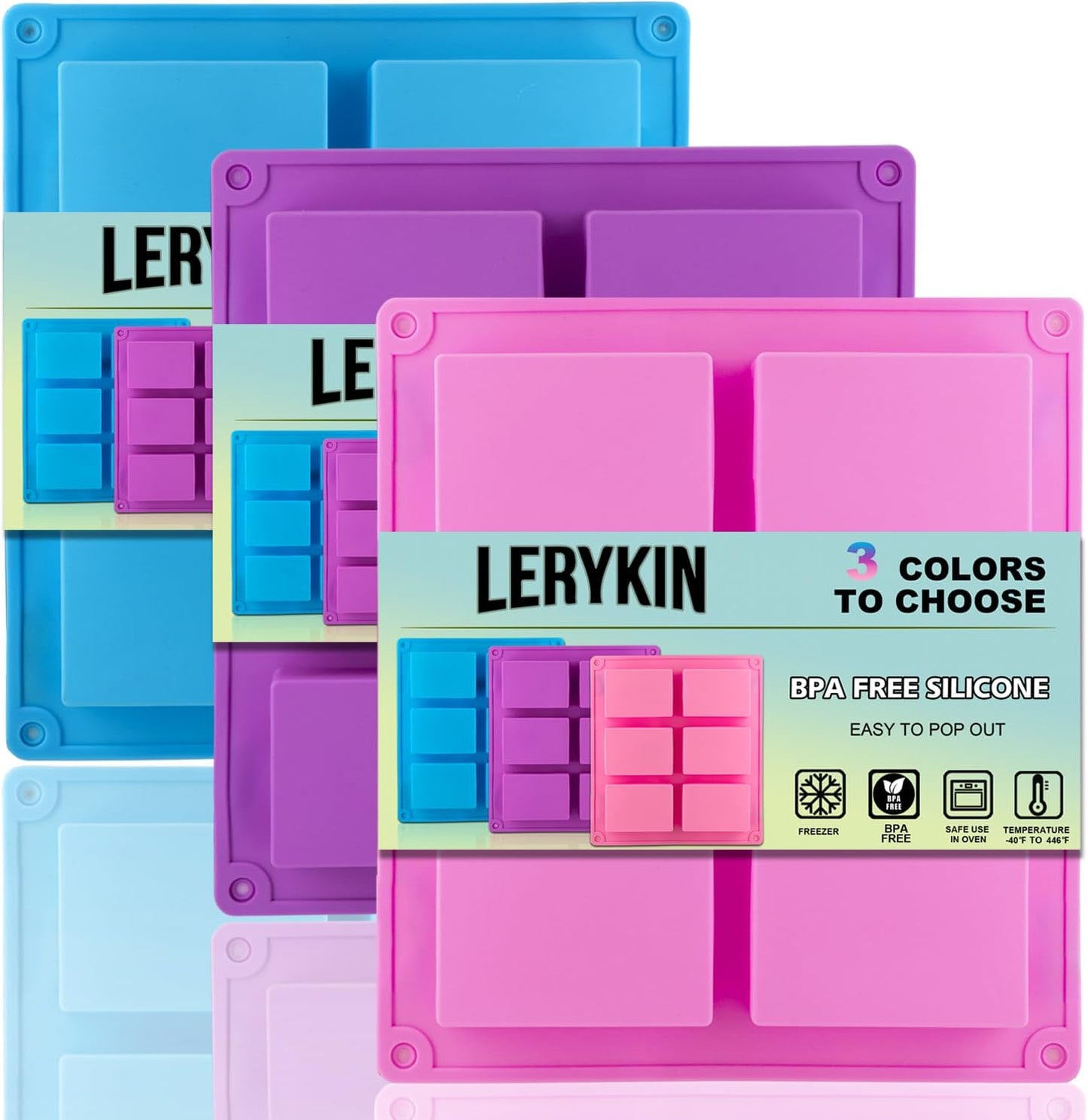 3 Pack Silicone Soap Molds, 6 Cavities Rectangle Silicone Mold, Great for Homemade Craft Soap Mold, Chocolate, Cake Molds ＆ Ice Cube Tray - Just Pop Out（Pink & Blue & Purple）