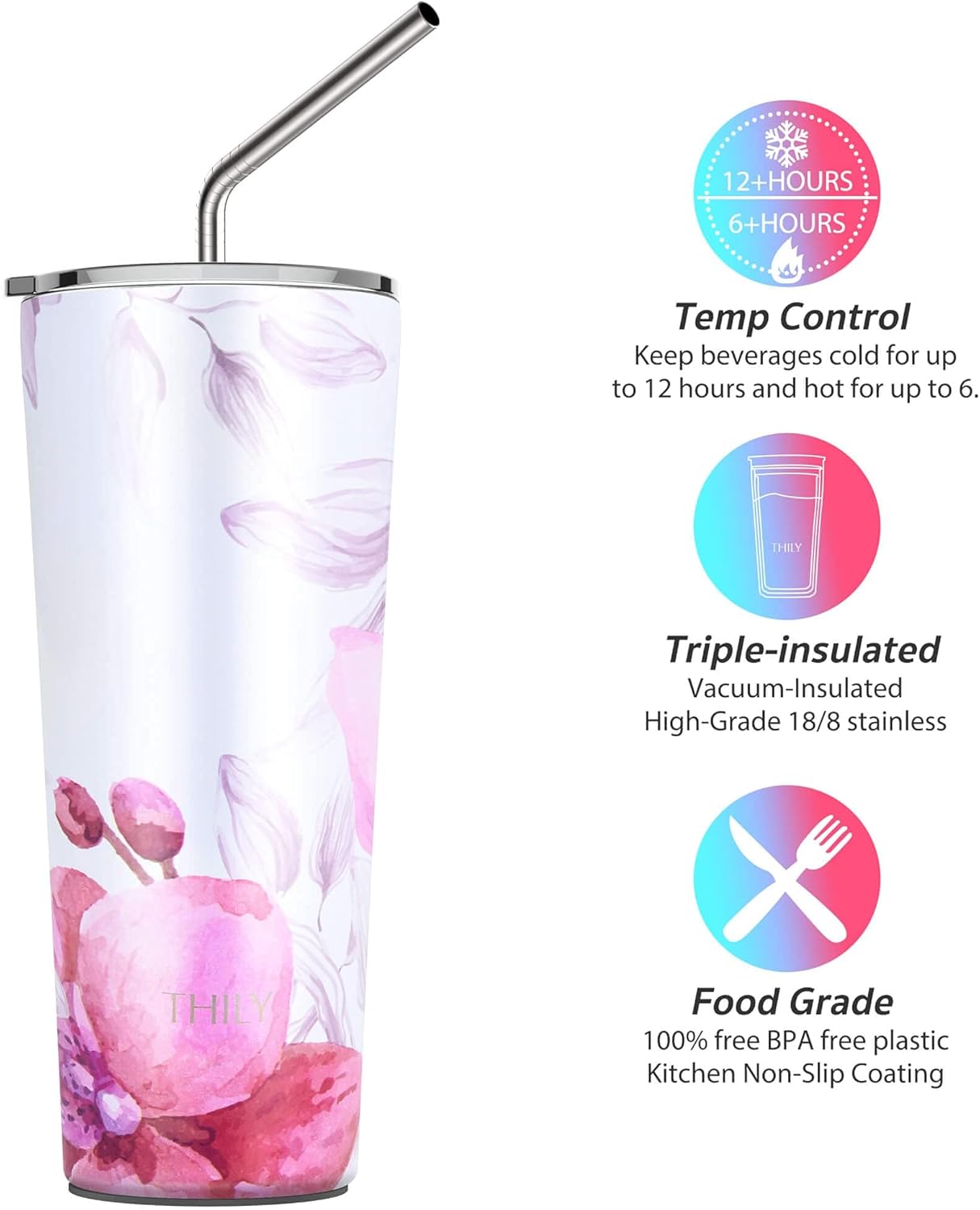 THILY Stainless Steel Vacuum Insulated Tumbler 26 oz Triple-Insulated Travel Mug with Splash-Proof Lid, for Iced Coffee and Hot Beverage, Pink Ripple + Lotus Flower