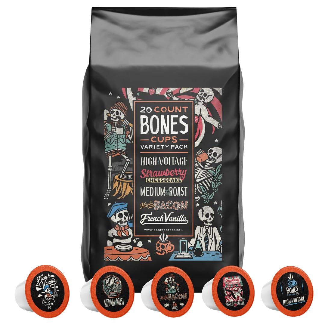 Bones Coffee Company Variety Flavored Coffee Pods, French Vanilla, Maple Bacon, Strawberry Cheesecake, Medium Roast, High Voltage Bones Cups, Compatible with 1.0 & 2.0 K-Cups Brewers, 20 Count