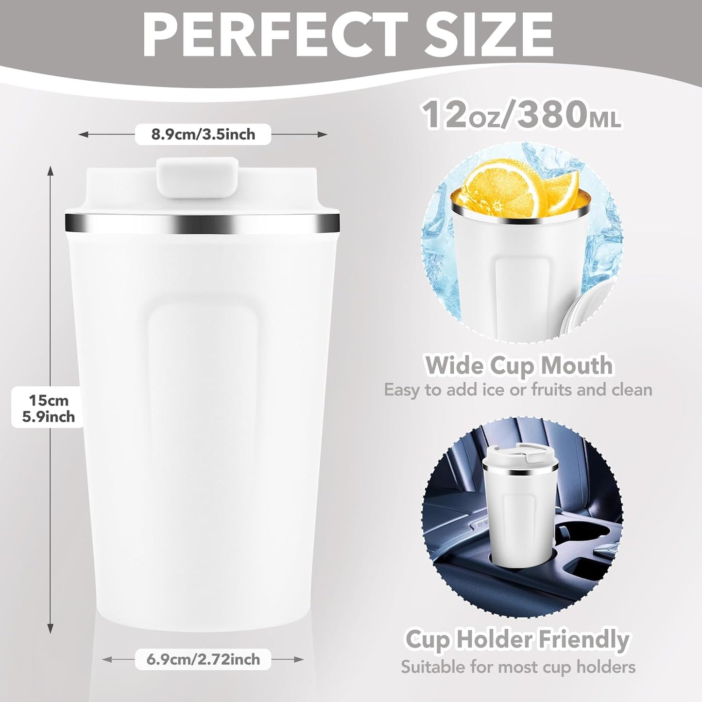 Volhoply 12 oz Double Wall Insulated Vacuum Travel Coffee Mug with Flip Lid Bulk 4 Pack,Reusable Stainless Steel Leak Proof Coffee Cups,Portable Cafe Thermal Tumbler for Hot & Cold Drinks(White,4 Set)