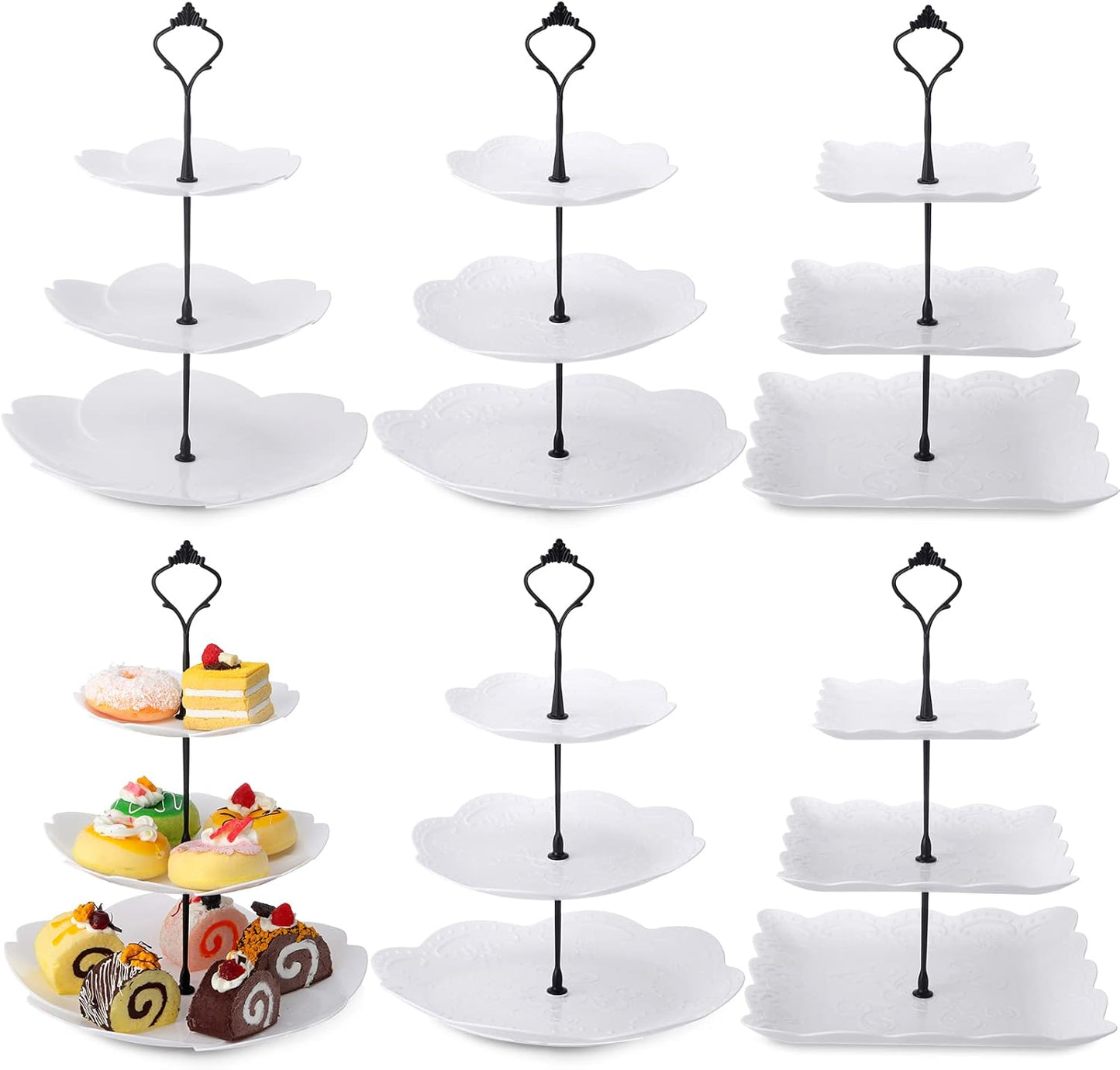 Sawysine 6 Pack 3 Tiers Dessert Stand Plastic Cupcake Stand Serving Trays Cupcake Display Stand Cookie Tray for Party and Platter for Home(Black)
