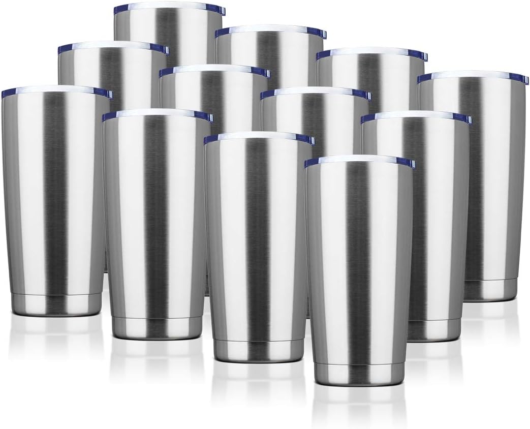 20oz Tumbler Bulk Stainless Steel Vacuum Insulated Tumblers with Lid Double Wall Travel Mug, Powder Coated Coffee Cup, Suitable for Ice Drinks and Hot Beverage (Stainless steel 12pack)