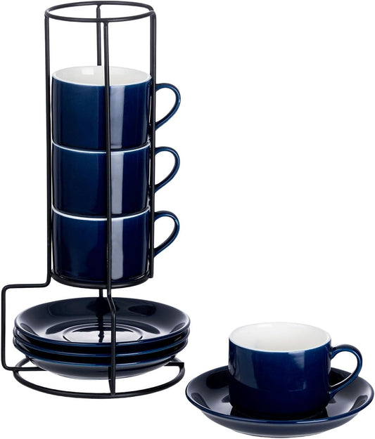 4oz Porcelain Stackable Espresso Cups with Saucers and Metal Stand Set of 4, Stackable Cappuccino Cups, Blue Expresso Shots Cup Set for Coffee Drinks, Latte, Americano, Tea