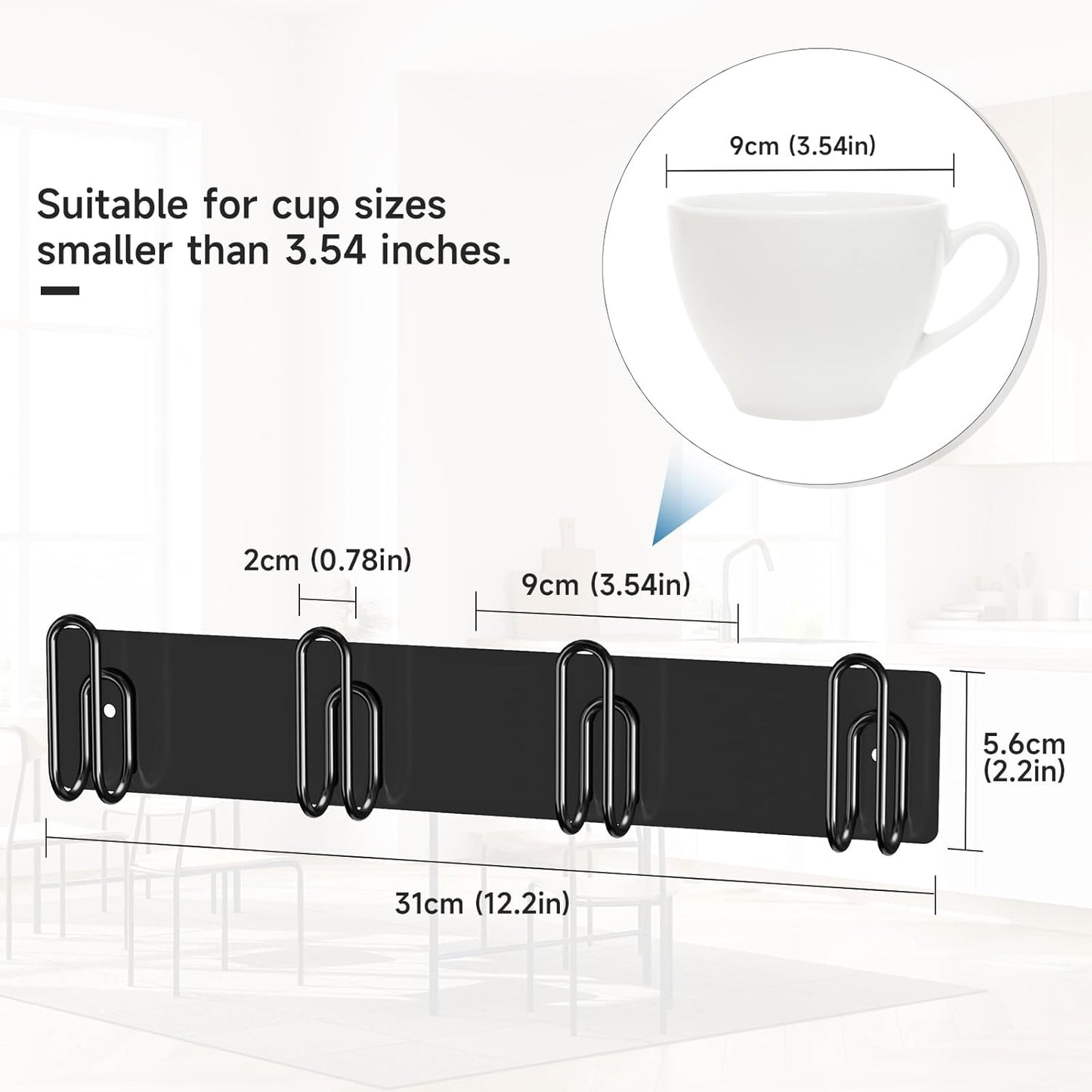 Mug Holder Wall Mounted, 2 Pack Black Coffee Cup Hooks, Metal Mug Rack for Kitchen, Modern Unique Cabinets Cups, Cup Holder Hanging Wall Hanger for Kitchen, Dining Room Coffee Bar
