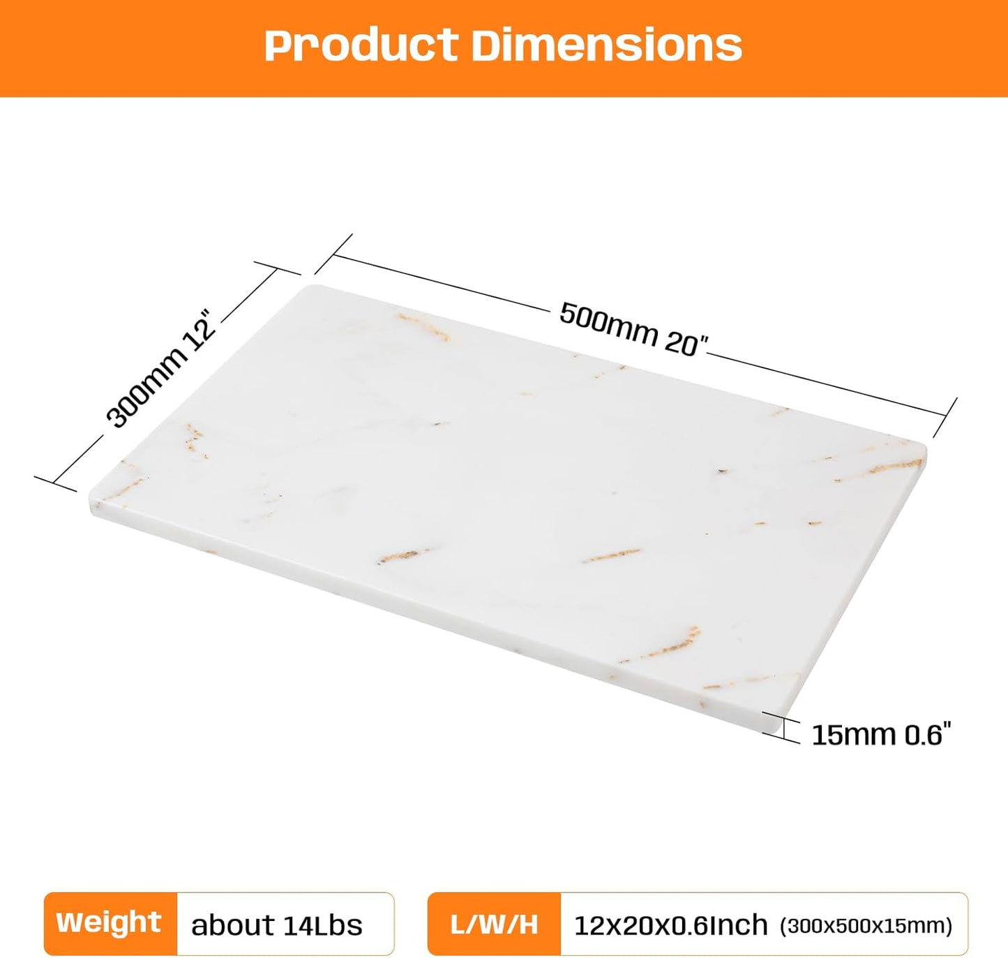 White Marble Cutting Board, Marble Slab Pastry Board With Non-Slip Feets For Baking, Cheese, Charcuterie, Chocolate, 12x20 Inch, Pack Of 1 Piece