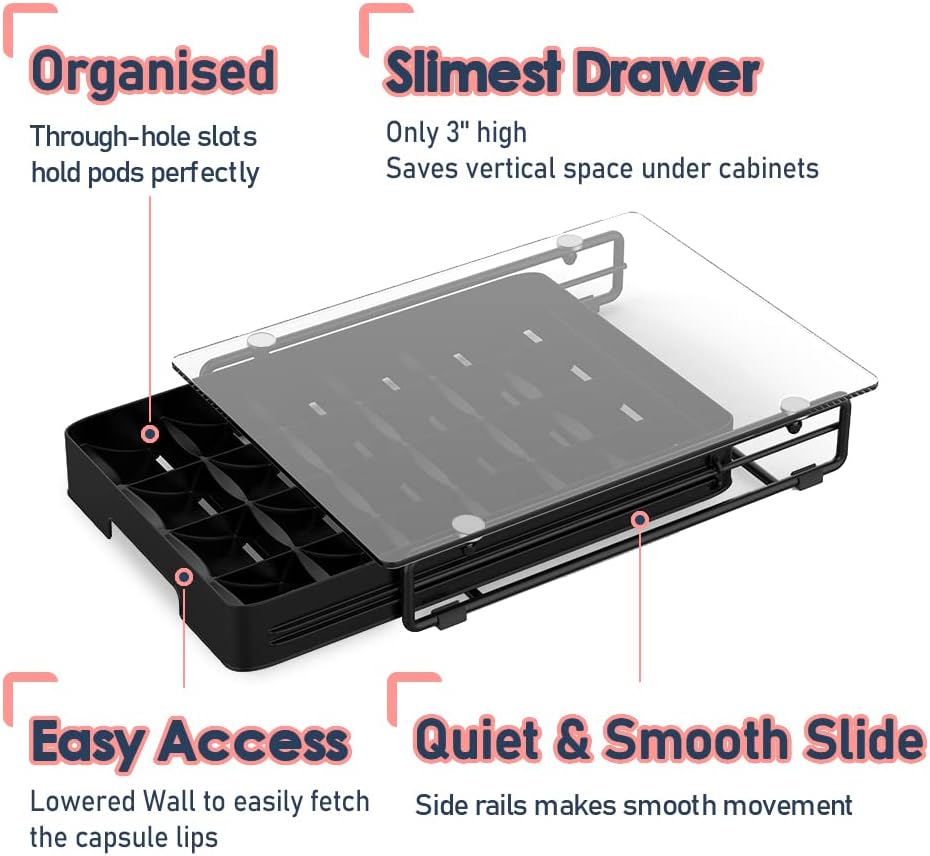 EVERIE 3'' SLIM Crystal Tempered Glass Organizer Drawer Holder Compatible with Nespresso Vertuo Capsules, Compatible with 24 Vertuoline Pods, NP06