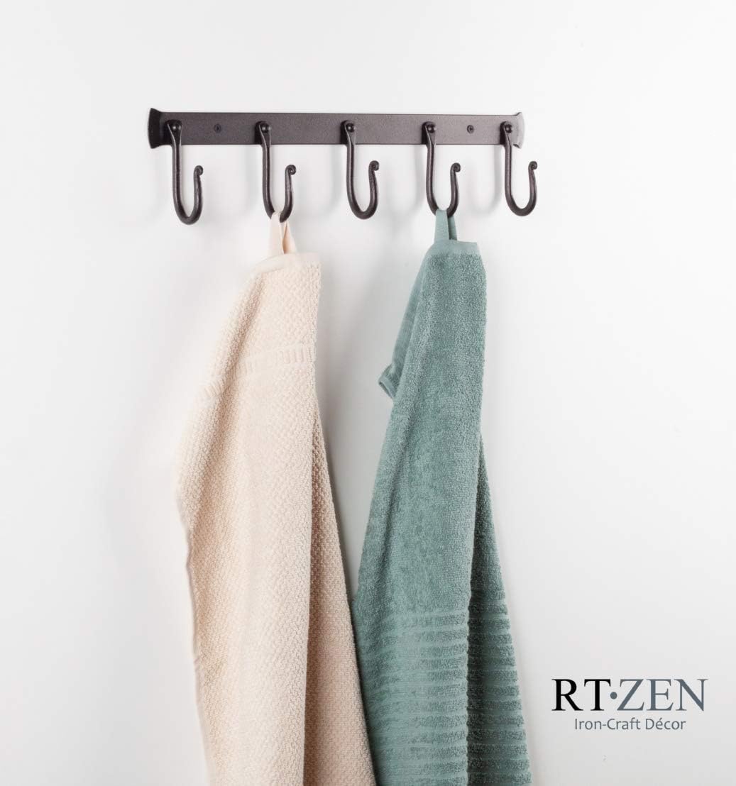RTZEN Wall Mount Hook Set - Wrought Iron Decorative Rustic Metal Coat Hooks for Hanging - Handcrafted Classic Farmhouse Wall Mounted Black Hooks for Towel Robe or Hat Hanging - 5 Hook Rack