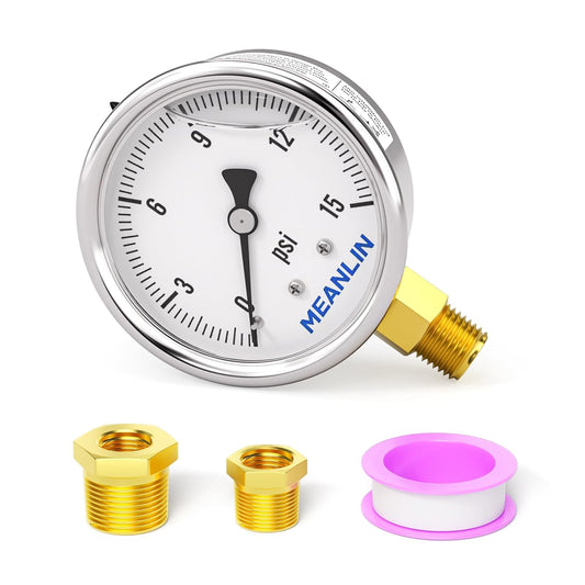MEANLIN MEASURE 0~15Psi Stainless Steel 1/4" NPT 2.5" Single Scale FACE DIAL,Glycerin Filled Pressure Gauge, WOG Water Oil Air Lower Mount, with 1/4" x 1/2" NPT and 1/4" x 3/8" NPT Hex Bushing