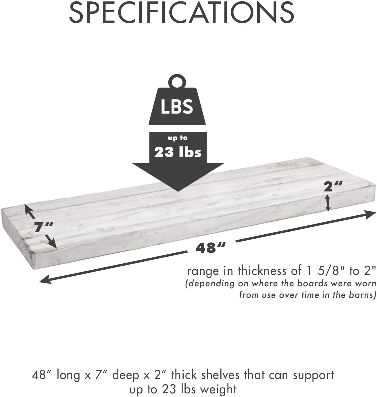 Urban Legacy Reclaimed Barnwood Planks | Floating Shelves for Wall w/Flush Mount Shelf Bracket Set Included | Set of 2 (White Wash, 48" x 7" x 2")