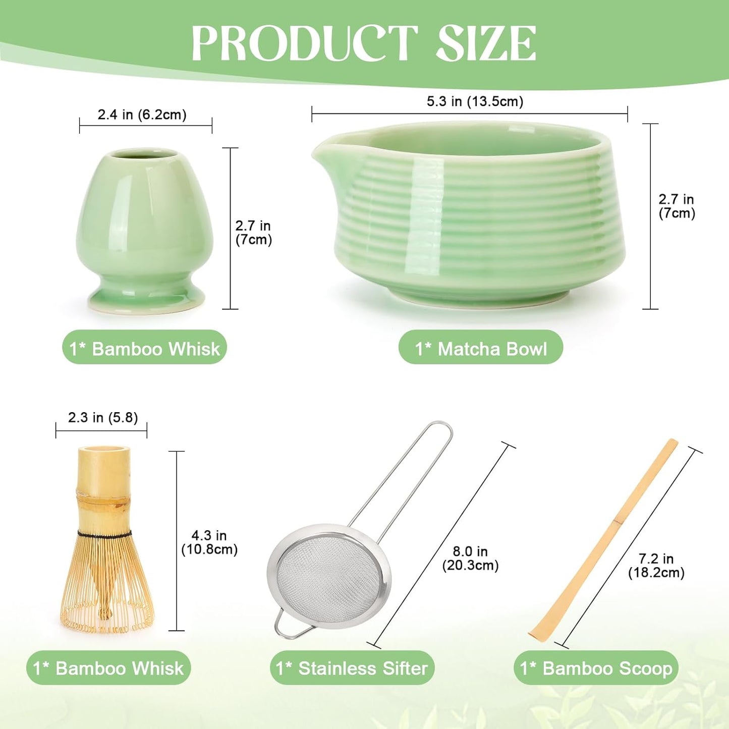 Matcha Whisk Set, Matcha Bowl with Spout, Matcha Whisk and Holder, Bamboo Scoop and Stainless Sifter - 5 Pcs Jade Green Matcha Kit for Matcha Lover