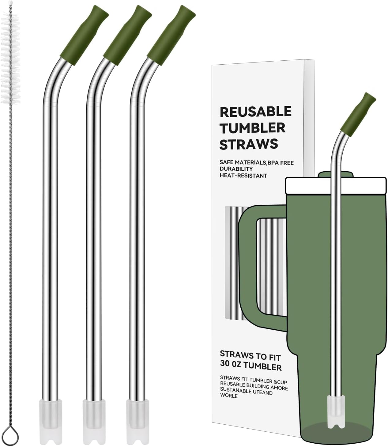 Reusable Stainless Steel Straws with Silicone Tip for Stanley 30oz, Metal Drinking Straws for 30oz Tumbler,3 Bent Tubes & 6 Tips& 1 Cleanr Brush (Dried Pine)