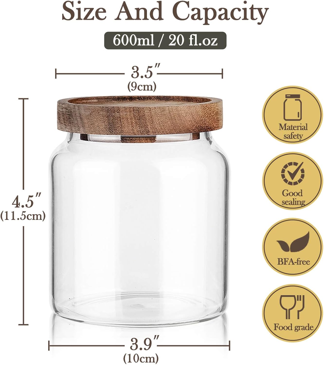 Labina Glass Storage Container Airtight Food Jars Kitchen Canister with Wood Lids, 20 Oz Wide Mouth Pantry Organization Glass Jar for Flour, Sugar, Cookie, Spagetti, Nuts and Candy