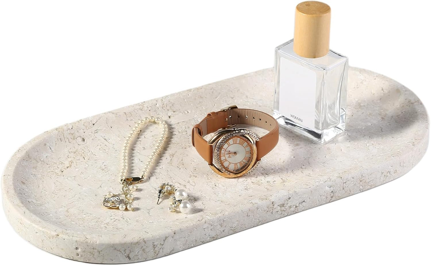 Koville Marble Tray for Bathroom Countertop, 12"x6" Beige Marble Vanity Storage Trays for Perfume, Cosmetics, Jewelry, Stone Tray for Kitchen, Decorative Trays for Dresser Organizer